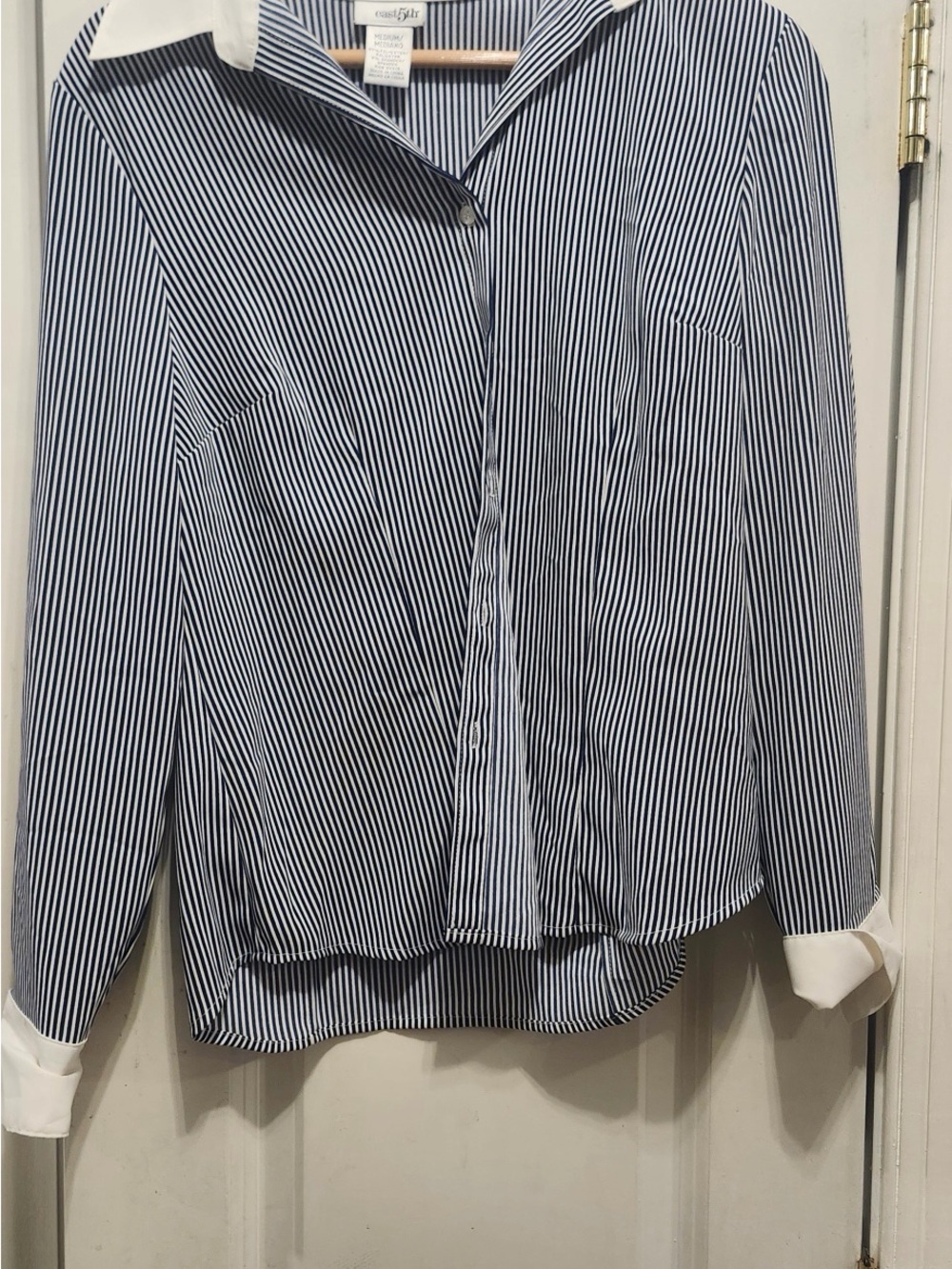 East 5th Navy and White Striped Dress Shirt with White Collar